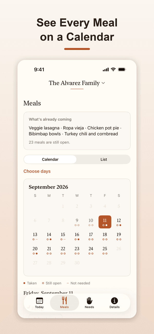 Casserole calendar screen