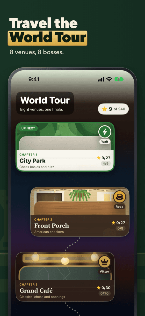 The World Tour map: eight venues, eight bosses
