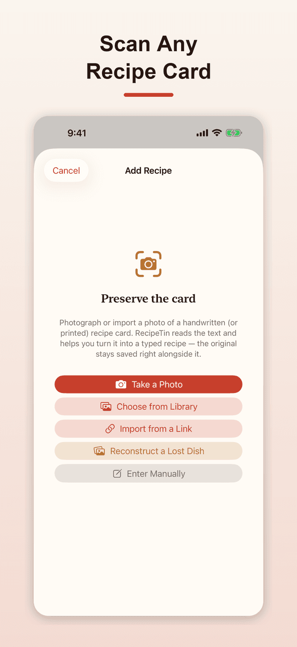 Recipe Tin scan screen