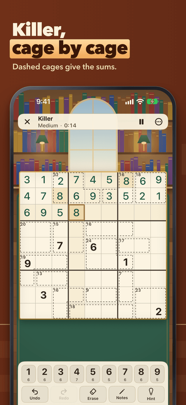 A Killer Sudoku puzzle with cage sums