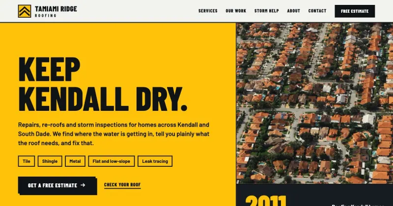 Concept homepage in the Bold blocks design, for a roofing company