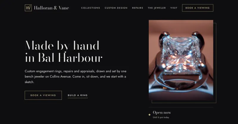 Concept homepage in the Dark luxe design, for a jeweler
