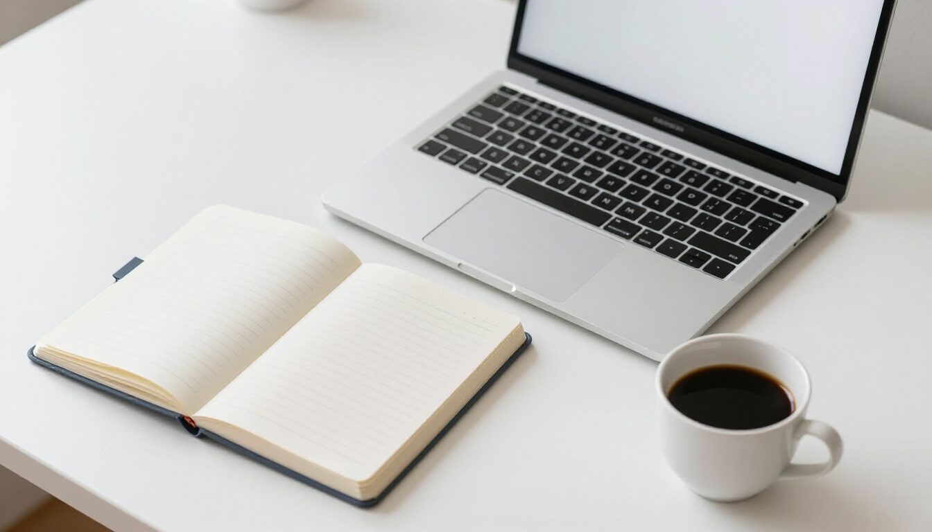 Open notebook beside laptop and coffee cup on a white desk