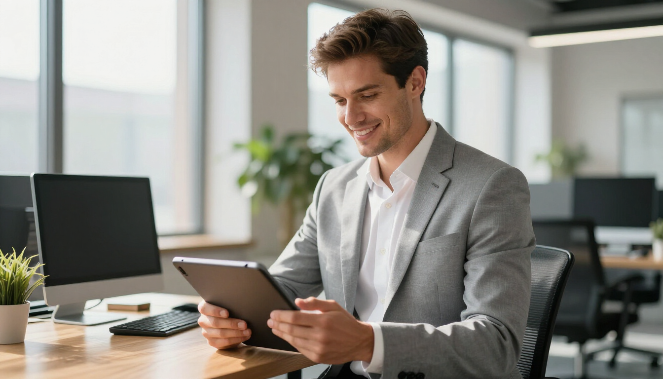 Man in a gray suit smiling while using a tablet at a desk in a bright office