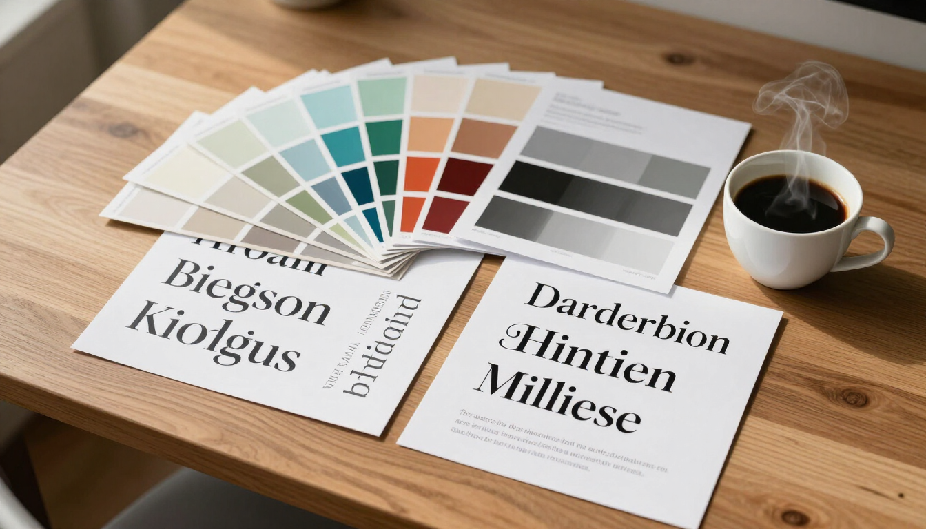 Fan of color swatches and typography sample booklets on a wooden table beside a cup of coffee