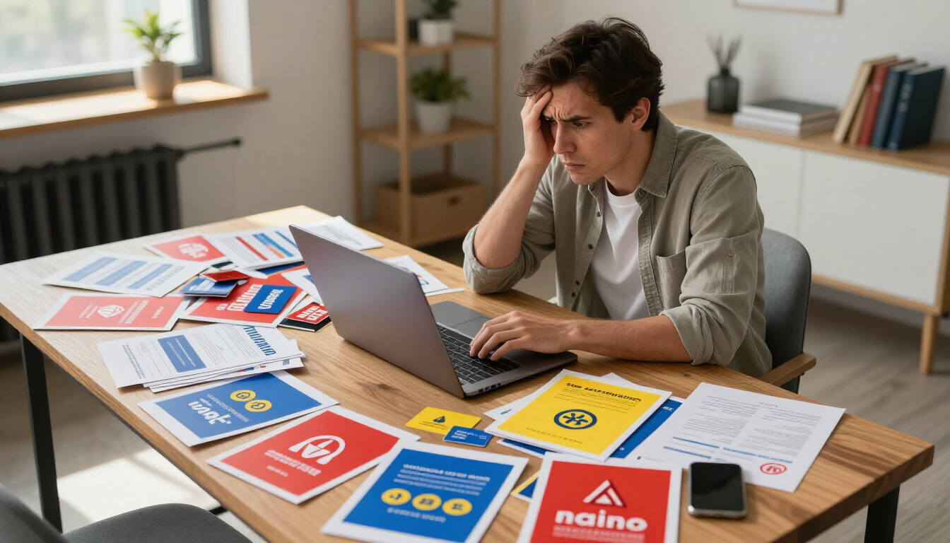 Person working stressed at a desk with laptop and scattered colorful documents
