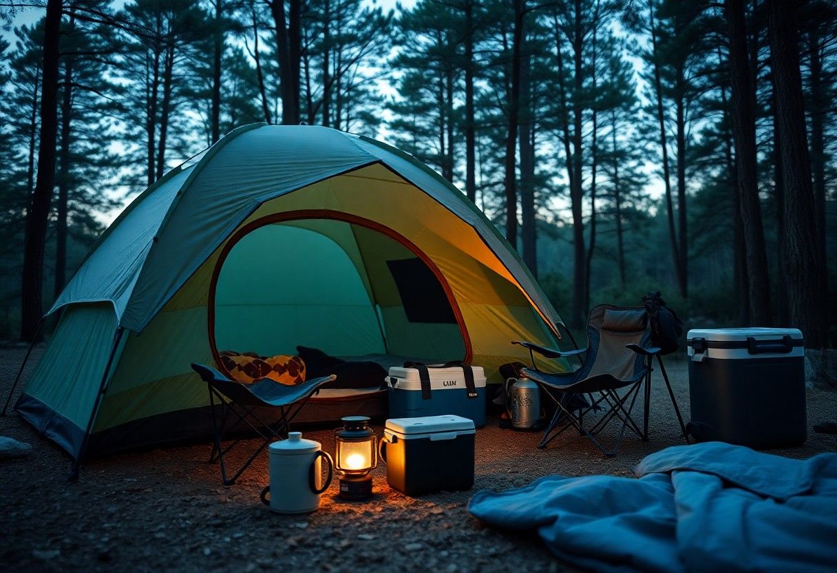 Lit tent at dusk in a forest campsite, with lanterns, chairs, coolers, and gear outside.